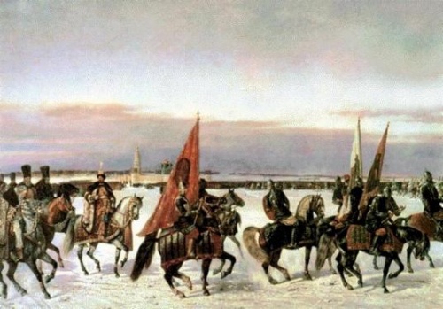 Выезд царя Алексея Михайловича на смотр войск в 1664 году (фрагмент). Н. Е. Сверчков, 1864 Выезд царя Алексея Михайловича на смотр войск в 1664 году (фрагмент). Н. Е. Сверчков, 1864