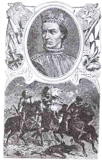 X. Пиллати. Ягайло. 1888 г. Внизу показана сцена защиты Ягайлы Збигневом Олесницким во время Грюнвальдской битвы X. Пиллати. Ягайло. 1888 г. Внизу показана сцена защиты Ягайлы Збигневом Олесницким во время Грюнвальдской битвы